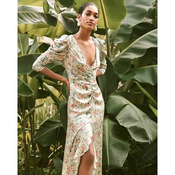 NOTES DU NORD Designer Pink Blue & Green Ruffle Floral Maxi Silk Dress – US 6/8 - Picture 5 of 16